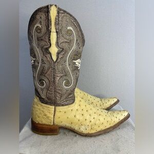 El General 1901 Full Quill Ostrich Leather Cowboy Boots Men’s Sz 9.5 Brown